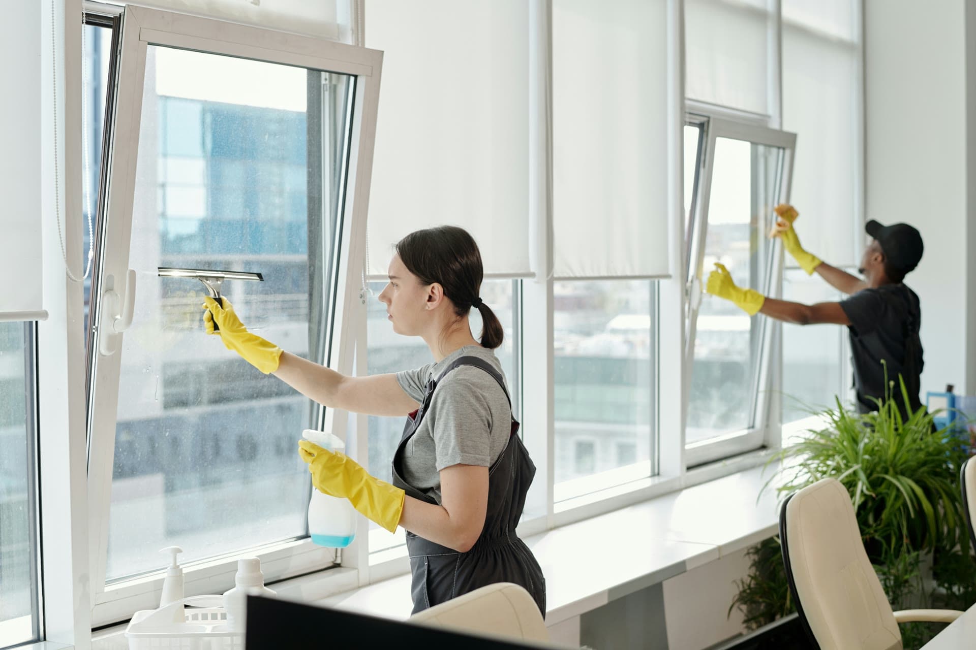 Professional cleaners cleaning windows in modern office